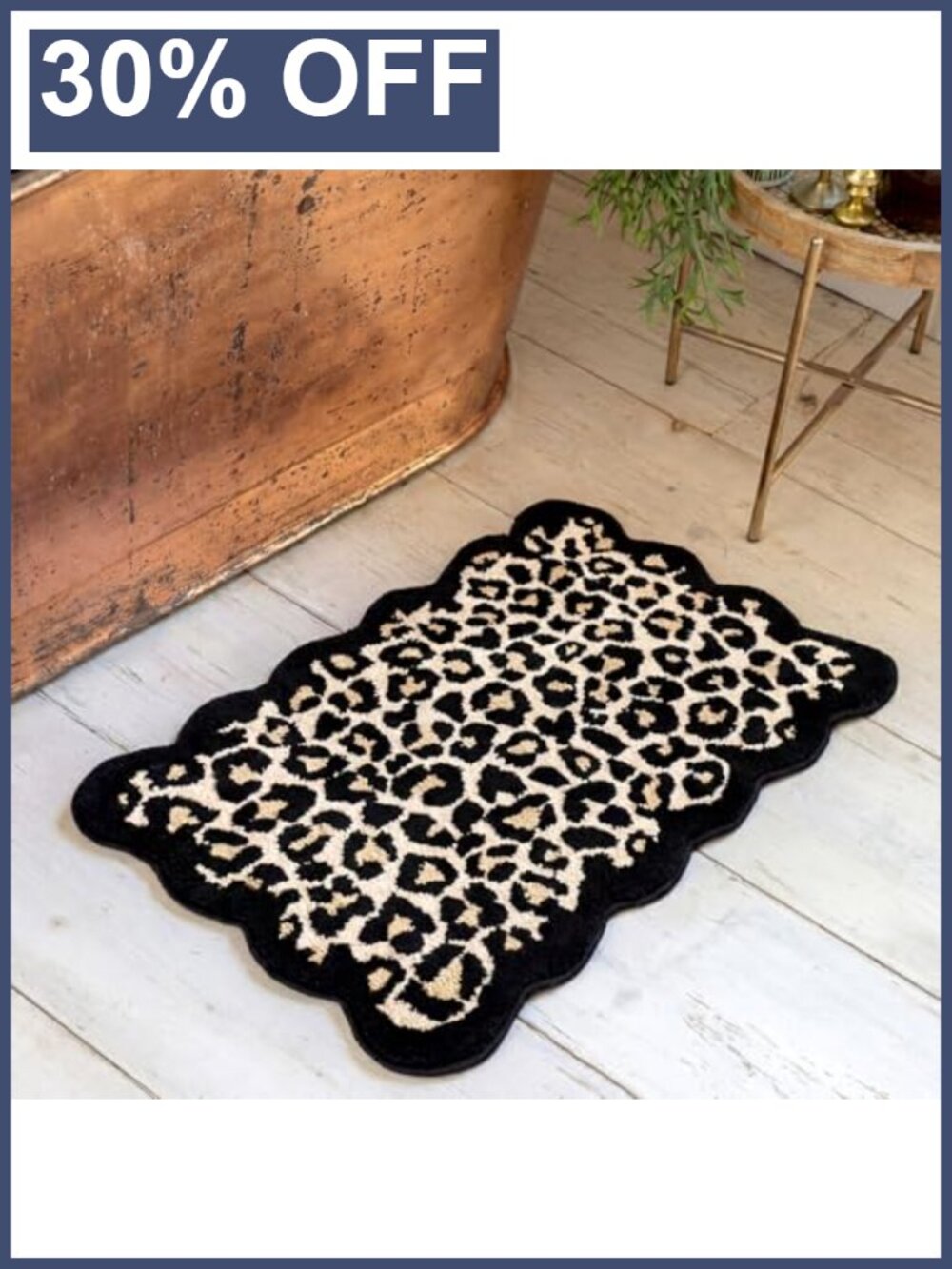 Dunzy Scalloped Leopard Print Bath Mat 20x31 Microfiber Non-Slip